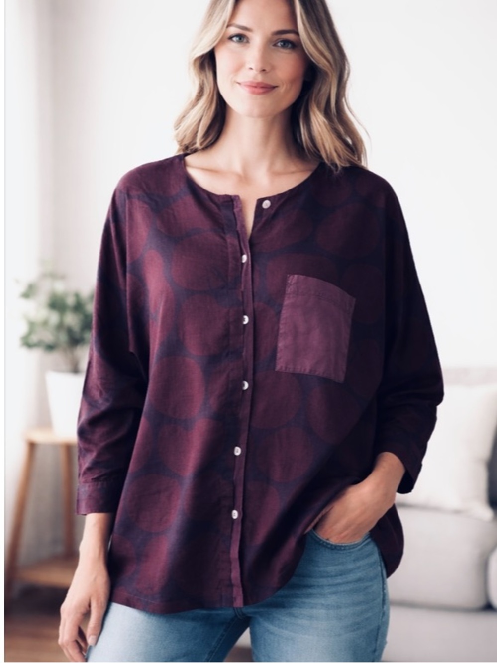 Gudrun Sjödén Plum Abstract Relaxed Blouse Medium Artsy Button Front Medium